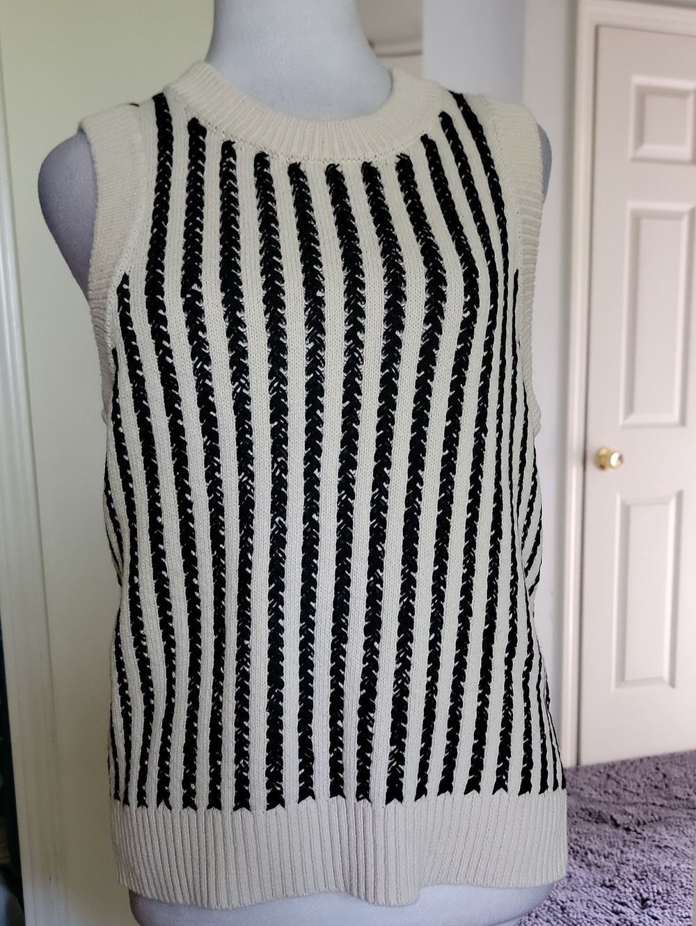 French Connection Sleeveless Ribbed Knit Tank Top - Black & Cream